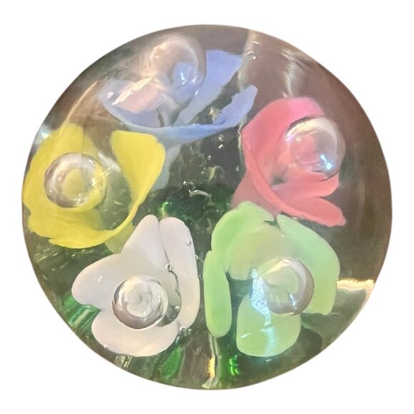 Vtg Joe St Clair Art Glass Paperweight, Multi Trumpet Flowers Controlled Bubbles - Picture 6 of 8